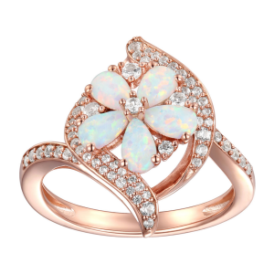 14K Rose Gold over Sterling Silver Lab Created Opal and Lab-Created White Sapphire Flower Ring