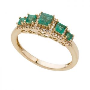 14K Yellow Gold Emerald & 1/6 CT. T.W. Diamond 5-Stone Ring 