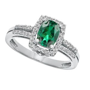 Sterling Silver Cushion Cut Lab Created Emerald and Lab Created White Sapphire Halo Ring