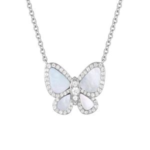 Sterling Silver Mother of Pearl and Created With Sapphires Butterfly Necklace 18"
