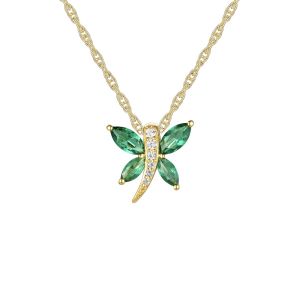 14K Gold over Silver Created Emerald and Created White Sapphire Dragonfly Pendant
