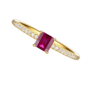 Sterling Silver Emeral Cut Lab-Created Ruby and Diamond Ring