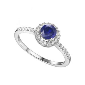 Tirafina Genuine Sapphire and Diamond Halo Ring, 14K withe Gold, 1/6 cttw (5mm Stone)