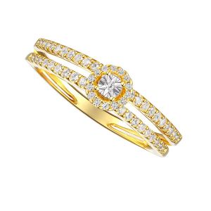 14K Yellow Gold over Sterling Silver Double Band 1/4 CT. T.W. Diamond Ring with Halo Center 