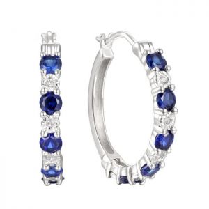 Sapphire and Diamonds Hoop Earrings, Alternating Stones 14K Gold (3mm Stone)