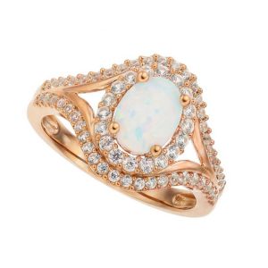 14K Rose Gold over Sterling Silver Lab-Created Opal and Lab-Created White Sapphire Oval Ring