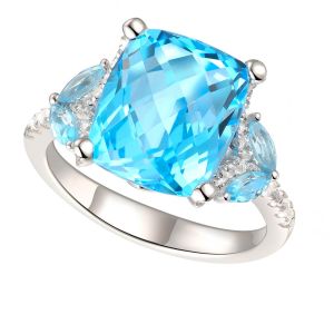 Sterling Silver Blue  and White Topaz Bold Cushion Ring