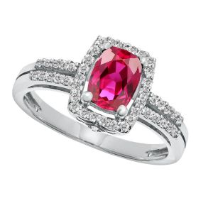 Sterling Silver Cushion Cut Lab Created Ruby and Lab Created White Sapphire Halo Ring
