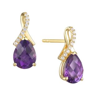 14K Yellow Gold over Sterling Silver Amethyst and Created White Sapphire Pear Drop Earring