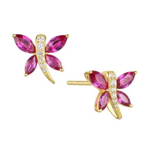 14K Yellow Gold over Sterling silver Created Ruby Dragonfly Earrings