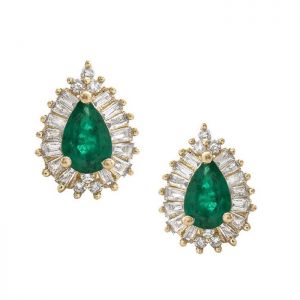 14K Yellow Gold Emerald and 1/3 CT. T.W. Diamond Frame Stud Earring 