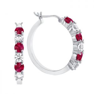 Sterling Silver Lab-Created Ruby & Lab Created White Sapphire Hoop Earrings