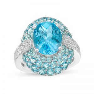 Sterling Silver Oval Blue Topaz and Lab-Created White Sapphire Frame Arrow-Sides Ring  