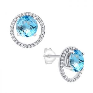 Sterling Silver Blue Topaz and 1/6 CT. T.W. Diamond Round Halo Stud Earrings  