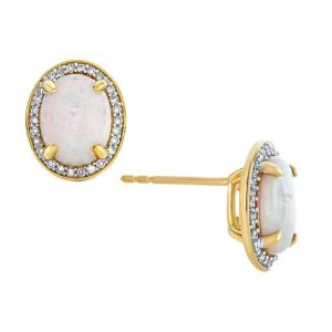 10K Yellow Gold  Opal and 1/5 CT. T.W. Genuine White Diamond Stud Earrings
