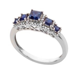 14K White Gold Sapphire & 1/6 CT. T.W. Diamond 5-Stone Ring 