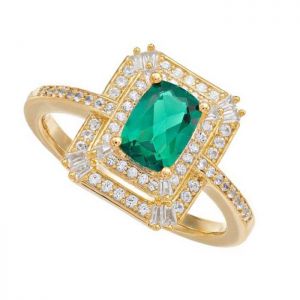 14K Yellow Gold Emerald and 1/3 CT. T.W. Diamond Frame Ring