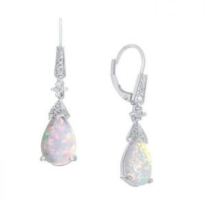 Sterling Silver Lab-Created Opal & Lab-Created White Sapphire Drop Earrings