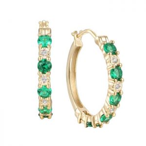 Emerald and Diamonds Hoop Earrings, Alternating Stones 14K Gold (3mm Stone)