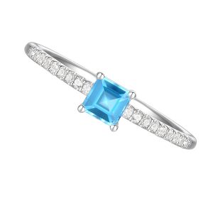 Sterling Silver Emeral Cut Blue Topaz and Diamond Ring