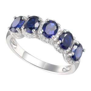 14K Gold Plated Sterling Silver 5 Stones Lab Created Sapphire with Lab created White Sapphires