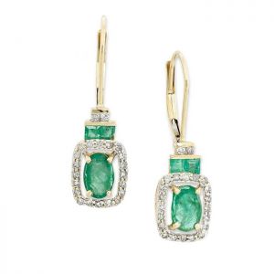 14K Yellow Gold Emerald and 1/5 CT. T.W. Diamond Rectangle Drop Earrings  