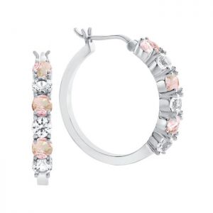Sterling Silver Lab Created Pink Champagne Sapphire and Lab Created White Sapphire Alternating Hoop Earrings
