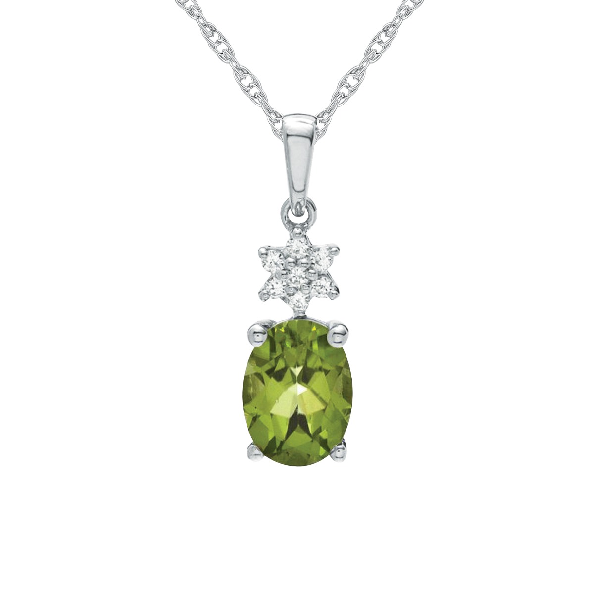 Sterling Silver Oval Peridot and Lab-Created White Sapphire Drop Pendant 